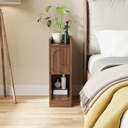 Narrow Nightstands Set of 2, Slim Bedside Tables with Raised Edge Top, Arched Drawer & Open Shelf, Modern Wooden Small End Tables for Bedroom Small Spaces (2, Walnut) - color: Walnut-arched Drawer, size: 2-Pack