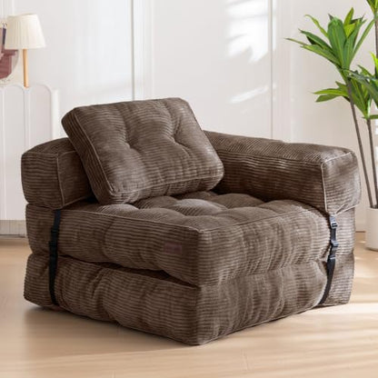 MAXYOYO Folding Sofa Bed, Convertible Chair Bed with Pillow | L-Shaped Floor Sofa with Armrest and Pillow, Foldable Portable Fold Out Comfy Chair Bed for Living Room Bedroom, Brown - color: Brown