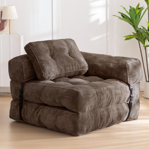 MAXYOYO Folding Sofa Bed, Convertible Chair Bed with Pillow | L-Shaped Floor Sofa with Armrest and Pillow, Foldable Portable Fold Out Comfy Chair Bed for Living Room Bedroom, Brown - color: Brown