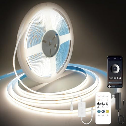 Pandery COB LED Strip Lights Natural White,24V Dimmable led Light Strip KIT with Remote and app Control,4000K 25FT/7.5m 8mmwide Ra>90 Cuttable Flexible Strip Lights for Bedroom,Wardrobe,Cabinet - color: 4000K Natural White, size: 25FT