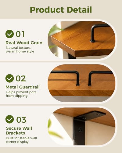 Bamworld Corner Shelf Wall Mounted Floating Corner Shelves 13 Inch Black Iron & Wood Plant Shelves Window Shelf for Plants 2 Pack