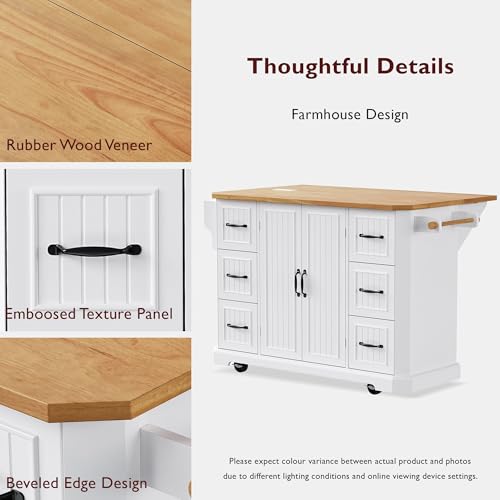 Rustic Rolling Kitchen Island with Drop Leaf, Built-in Charging Station & 6 Deep Drawers, 47" Farmhouse Mobile Cart for Dormitories, Offices, Bedrooms (White/R1) - color: White/R1