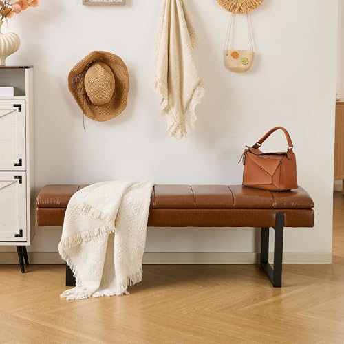 Breakfast Nook Bench with Hidden Storage, Premium Faux Leather Cushion & Metal Base, 53 Inch Extra Seating for Dining Room/Living Room, Entryway - color: Brown