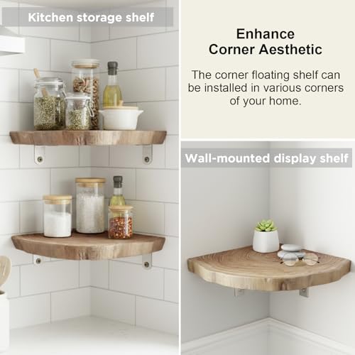 3 Pcs Small Corner Floating Shelves for Wall Solid Wood 7 Inch Rounded Corner Shelves Wall Mounted Natural Solid Elm Wood Shelf Rustic Style Wooden Hanging Shelf for Bedroom Decor(Wooden)