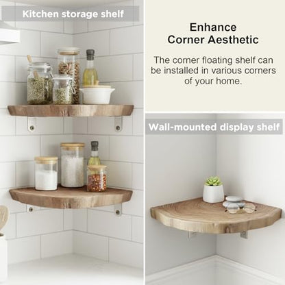 3 Pcs Small Corner Floating Shelves for Wall Solid Wood 7 Inch Rounded Corner Shelves Wall Mounted Natural Solid Elm Wood Shelf Rustic Style Wooden Hanging Shelf for Bedroom Decor(Wooden)