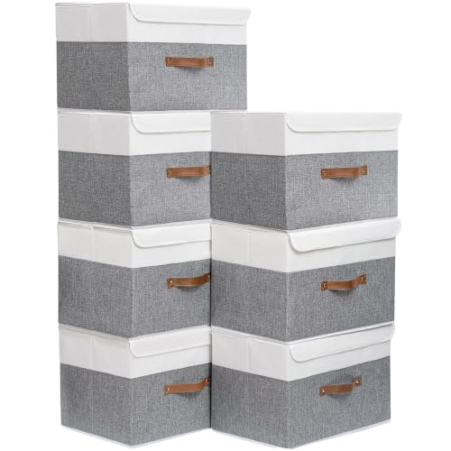Yawinhe Fabric Storage Boxes with Lids,White/Grey,15.0x9.8x9.8in,7-Pack | Container with Leather Handle,Washable Storage Basket, Clothes Blanket Bin,Collapsible Closet Organizer for Bedroom - color: White/Grey, size: L/(7 Pack)