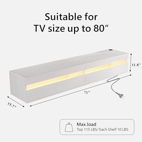 basenji 71" Floating TV Stand Wall Mounted,Solid Wood Entertainment Center with LED Lighting & Power Outlet, High-Gloss Modern Media Console for TVs up to 85",Tv Consoles for Living Room,White - color: White