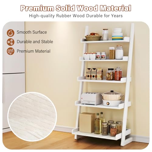 CozyDH Wooden Ladder Shelf, White Ladder Bookshelf Narrow 5-Tier,Ladder Shelf Bookcase Storage for Living Room, Bedroom, Home Office,23.6''Dx15.7''Wx55.1''H - color: White