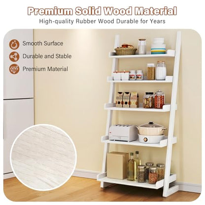 CozyDH Wooden Ladder Shelf, White Ladder Bookshelf Narrow 5-Tier,Ladder Shelf Bookcase Storage for Living Room, Bedroom, Home Office,23.6''Dx15.7''Wx55.1''H - color: White
