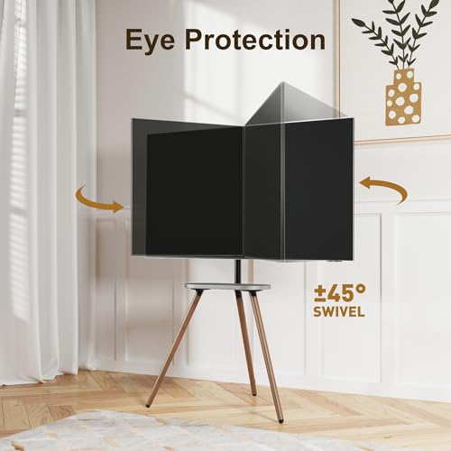 Tripod TV Stand for 43-65" TVs, Swivel, Black Walnut | Height-adjustable easel TV stand, wood media shelf, cable management and VESA up to 400x400 - color: Black, size: 43–65 Inch TVs