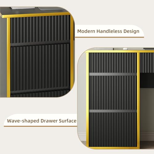 4 EVER WINNER 47-Inch Fluted Computer Desk with 4 Drawers, Black and Gold | Compact Home Office Desk with 4 Storage Drawers, Including a Deep File Drawer, for Bedroom, Study or Small Spaces - color: Black