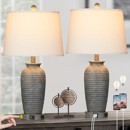 CINSARY 25" Farmhouse Jar Table Lamps Set of 2, 3 Way Touch Control Rustic Bedside Lamps with USB A+C Ports & AC Outlet, Pot Nightstand Lamps for Bedroom Living Room (LED Bulbs Included) - color: Gray