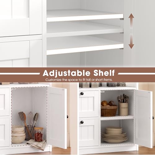 GRUSIGN Bathroom Storage Cabinet with Door and Drawers, Small Freestanding Bathroom Cabinet Organizer, Farmhouse Wooden Cupboard with Adjustable Shelves for Kitchen, Living Room, White - size: 34"H with Drawers