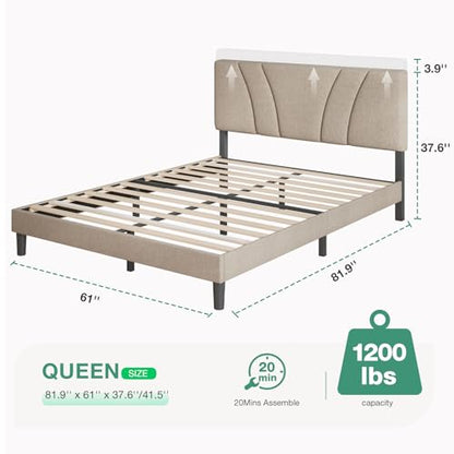 Novilla Queen Bed Frame with Headboard, Linen Upholstered Bed Frame Queen Size with Wood Slats Support, No Box Spring Needed, Heavy Duty Feet, Easy Assembly, Light Beige - color: Light Beige, size: Queen