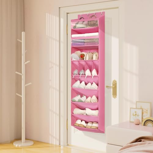 1 Pack 8 Shelves Over The Door Shoe Organizer, 68" Exlarge Deep Pockets | Hanging Shoe Organizer, Shoe Rack for Closet, Shoe Holder for Boots, Sneakers, Heels, Over Door Organizer in Home, Dorm, Pink - color: PINK, size: 25+ Pairs