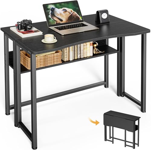 Huuger Folding Desk with Storage Shelf, 31.5 Inch Foldable Computer Table | Writing Work Office Computer Desk for Small Spaces, Space Saving Sofa Table for Couch, Easy to Fold, Black - color: Black, size: 18.5"D x 31.5"W