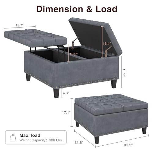 FiveWillowise 31.5 Inch Large Square Ottoman with Storage,Faux Leather | Coffee Table Storage Ottoman Bench with Lift Top Upholstered Footrest Stool Toy Box for Bedroom Living Room,Grey - color: Slate Gray