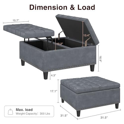 FiveWillowise 31.5 Inch Large Square Ottoman with Storage,Faux Leather | Coffee Table Storage Ottoman Bench with Lift Top Upholstered Footrest Stool Toy Box for Bedroom Living Room,Grey - color: Slate Gray
