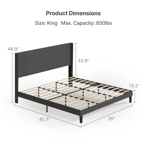 Gizoon King Bed Frame with Wingback Headboard, Upholstered Platform Bed | Bed Frame with Padded Headboard,Wooden Slats, Noise-Free, No Box Spring Needed, Easy Assembly,Dark Grey - color: Dark Grey, size: King