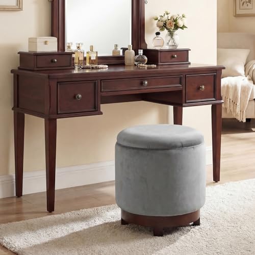 Giantex Round Ottoman with Storage, 360° Swivel Velvet Vanity Stool with Removable Lid, Wood Frame & Legs, Ottoman Foot Rest for Living Room, Bedroom, Makeup Room No Assembly (Gray & Walnut) - color: Gray & Walnut
