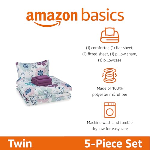 Amazon Basics 5-Piece Soft, Easy-Wash Microfiber Kid's Bed-in-a-Bag Bedding Set with Sheet and Comforter, Twin, Bluish Flowers - color: Bluish Flower, size: Twin