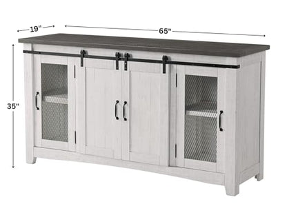 Martin Svensson Home Rustic 65" Wood Entertainment Center, White and Grey | Solid Pine, TV Stand, Sliding Doors, Adjustable Shelves & Cable Management, for TVs up to 70" - color: White and Grey Stain