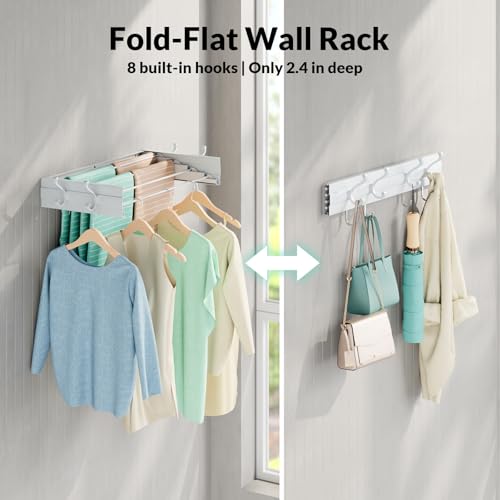 BAKON Wall Mounted Foldable Clothes Drying Rack - Indoor Outdoor Laundry Drying Rack with 4 Hooks & 4 Poles, Space Saving Concealed Design for Storage (23.6"【Upgrade】) - size: 23.6'' with 4 Hooks