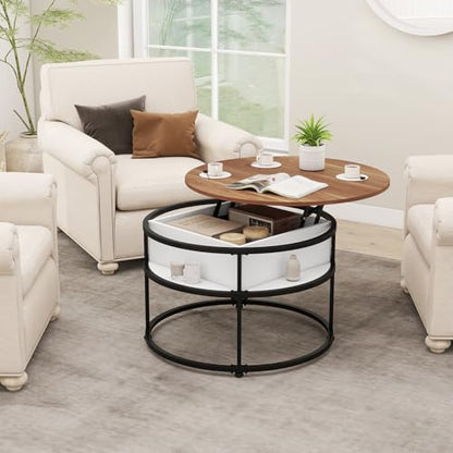 Tangkula Lift Top Coffee Table, 31.5” Round Center Table with Hidden Compartment & Side Shelves, 2-Tier Small Accent Cocktail Table for Small Spaces, Living Room, Apartment (Brown & White) - color: Brown & White