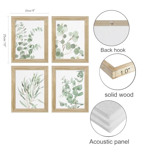 Botanical Plant Wall Art Prints: Sage Green Eucalyptus Picture Decor 4 Piece Framed Boho Leaves Poster for Bathroom Bedroom Living Room Home Decoration 8" x 10"