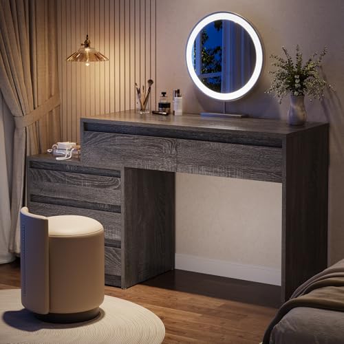 Tribesigns 63" Vanity Desk with 5 Drawers, Makeup Table with 3-Drawer Cabinet, Modern Large Dressing Table for Women Girl, with Storage, Wooden Writing Desk for Bedroom/Home Office (Gray) - color: Grey