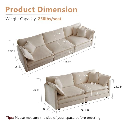 Luxury Oversized 3 Piece Sofa Set, 2 Pieces of 2 Seater and 1 Piece of 3 Seater Sofa, Modern Chenille Comfy Cloud Couches Set with 13 Pillow for Living Room Office, Light Coffee - color: Light Coffee, size: 3+2+2