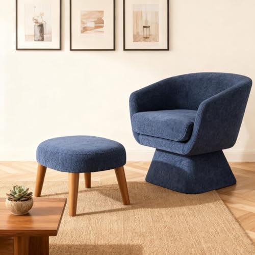 Swivel Barrel Chair and Ottoman Set, 360 Degree Club Chair, Comfy Boucle Armchair and Footstool, Upholstered Accent Sofa Chair w/Footrest for Living Room Bedroom Reception Room, Blue - color: Blue, size: Swivel chair