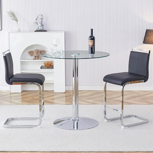 gopop 3 Piece Dining Table Set for 2, Modern Round Glass Counter Height Pub Table, Compact High Top with Bar Stools Pub Dining Set for Kitchen, Breakfast Room, Dining Room. (Black, 3 Piece) - color: Black