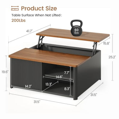 SEDETA 31.5" Lift Top Coffee Table with Storage, Square Coffee Tables for Living Room, Fluted Coffee Table with Large Hidden Storage Compartment and Adjustable Shelves, Fluted Black - color: Fluted Black