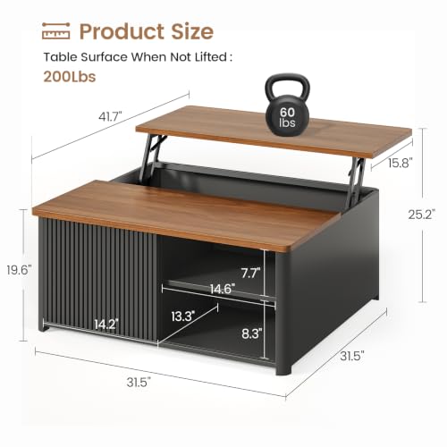 SEDETA 31.5" Lift Top Coffee Table with Storage, Square Coffee Tables for Living Room, Fluted Coffee Table with Large Hidden Storage Compartment and Adjustable Shelves, Fluted Black - color: Fluted Black