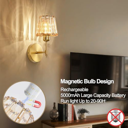 Battery Operated Crystal Wall Sconce Set of 2, Amber Rechargeable Wireless Wall Sconces with Remote Dimmable 12 Colors Modes Led Wall Lights for Bedroom Living Room Hallway, 2 Bulbs Included - color: Amber