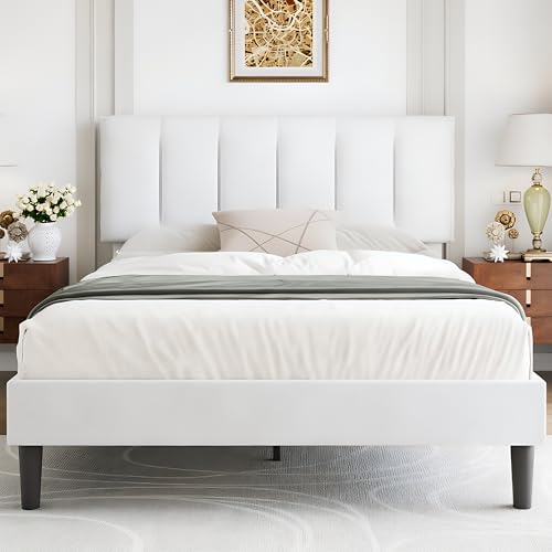 VECELO Full Bed Frame with Upholstered Headboard, Heavy-Duty Platform Bedframe with Strong Wooden Slats Support, No Boxing Spring Needed, Pure White - color: Pure White, size: Full, style: Platform