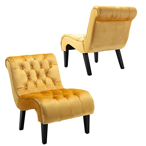 Comfy Velvet Accent Chair Set of 2, Tufted Armless Chair with Rolled Edge | Modern Small Lounger for Living Room, Upholstered Reading Chaise Lounge with Solid Rubber Wood Legs, Yellow - color: Yellow, size: Set of 2