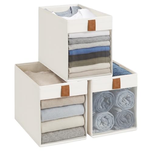 StorageWorks Fabric Storage Bins with Clear Window, Closet Organizer and Storage Bins for Clothes, Collapsible Storage Baskets with PU Handles, Narrow Storage Bin, Beige, 3-Pack - color: Beige, size: 7" L x 12 ¾" W x 9" H