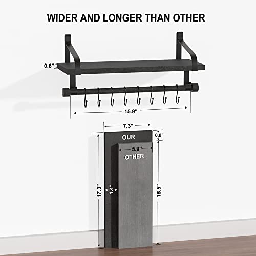 Love-KANKEI 17.3"Floating Wall Shelves Set of 2,Solid Wood,Coffee Bar,Black | Spice Rack,Towel Bar/8 Hooks,39 Lbs/shelf,Easy to Install,For Kitchen,Bathroom,Living Room,Bedroom,Office,Entryway Display - color: Black