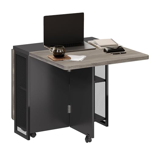 Drop Leaf Table for Small Spaces, Space Saving Folding Dining Table with 6 Wheels, Folding Kitchen Table with 2 Tier Storage Shelves, Foldable Extendable Desk for Apartment, Dining Room