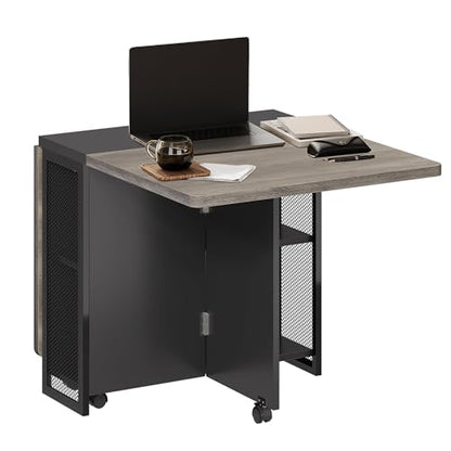 Drop Leaf Table for Small Spaces, Space Saving Folding Dining Table with 6 Wheels, Folding Kitchen Table with 2 Tier Storage Shelves, Foldable Extendable Desk for Apartment, Dining Room