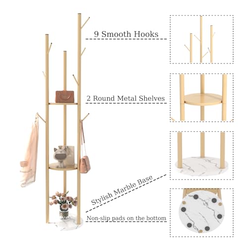 TIEOU Metal Coat Rack, Gold Coat Racks Freestanding with Shelves and Marble Base, Coat Tree with 9 Hooks for Scarves, Bags, Modern Coat Rack Stand for Entryway, Living Room, Bedroom, Easy Assembly - color: CK-Three-gold