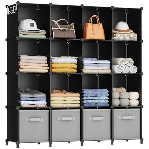 HOMIDEC Closet Organizers and Storage, 16 Cube Storage Organizer, Closet Organizer Bookshelf Cubes Shelves for Clothes, Bedroom, Kids Room, Bathroom, Wardrobe, Garment Racks, Black | Closet Organizer Bookshelf Storege Cubes Shelves for Bedroom, Kids Room,