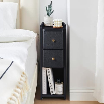 Narrow Nightstand Set of 2, Wooden Small 2 Drawer Nightstand, Slim Side End Table, Skinny Bedside Table, Mid Century Modern Night Stand with Drawers for Bedroom (Black-1 pc) - color: Black-1 Pc