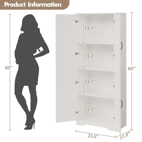 Garvee Kitchen Pantry Cabinet, Freestanding White Pantry Storage Cabinet, 60 in Cupboard, Tall Bathroom Storage Cabinet with 2 Doors and Adjustable Shelves, for Dining Room, Living Room, White | Kitchen Storage Cabinet with 2 Doors & Adjustable Shelves, W