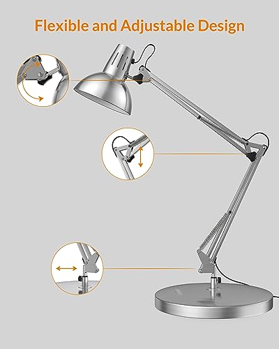 LEPOWER Metal Adjustable Desk Lamp with Clamp, Swing Arm for Home Office | Gooseneck, Architect Style, Eye-Caring Table Lamp, On/Off Switch, E26 Base, Reading for Dorm, Bedroom, Study, Back to School - color: Silver