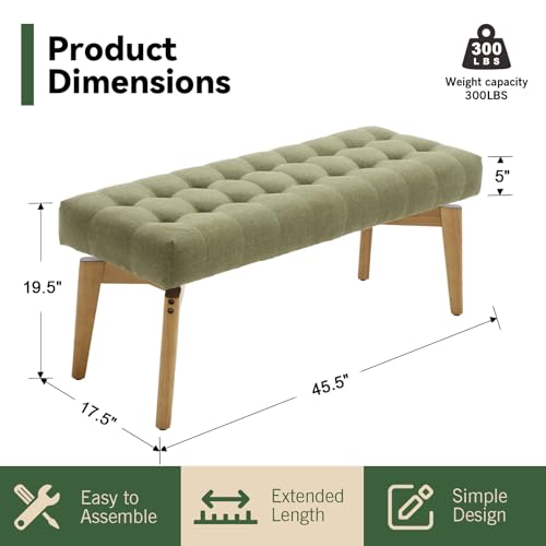HNY Green Upholstered Bench,45.5 Wood Bedroom Bench,Ottoman | Entryway Bench Storage Bench Modern Tufted Floating Design Window Bench Seat for Living Room Indoor Hallway( Linen) - color: Green Linen
