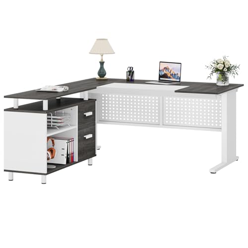 Tribesigns 63 Inch Executive Desk with File Cabinet, L Shaped Office Desk with Drawers and Storage Shelves, Business Furniture Set Workstation for Home Office, Gray and White - color: White and Gray