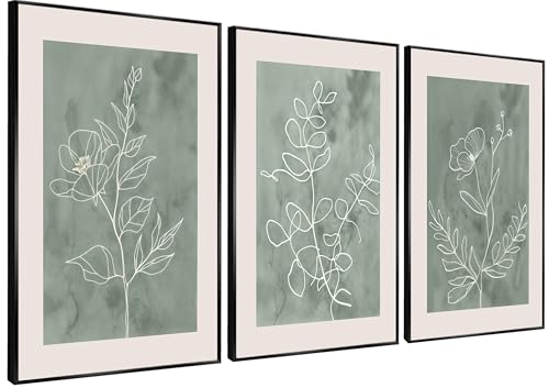 3Pcs Sage Green Botanical Wall Art Line Drawing Floral Canvas Poster Prints Modern Abstract Minimalist Picture Neutral Boho Artwork Simple Painting Wall Decor for Living Room Bedroom 16x24in Unframed - color: Poster, size: 24"L x 16"W